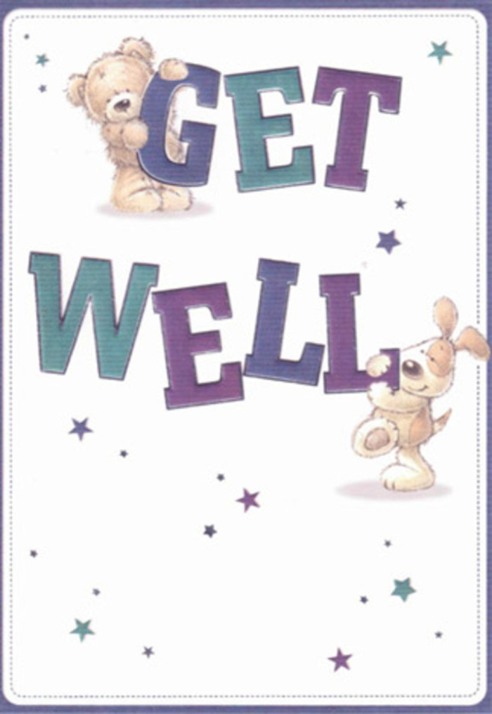 A celebration of hope and comfort, this get well card unfolds like a cheery Bow morning-its playful bear and floppy-eared puppy central to a scene overflowing with gentle encouragement. Around them, vibrant starbursts in indigo and teal float against a crisp, creamy white that echoes the calm of nearby Grove Hall Park after rain. The card's large, confident typography in layered hues of purple and aqua grounds the image as if setting the scene for a neighbourhood gathering. You can almost feel the tactile softness of the bear's fur and the velvet of the puppy's long ears, recalling the texture of a lovingly wrapped bouquet from Bow Florist. Each brushstroke seems chosen with care-much like selecting ranunculus and lisianthus for someone's recovery. This joyful artwork conjures the spirit of sending flowers to a friend near Bow Church or Old Ford-combining a sense of lightness with genuine sincerity. The gentle palette and inviting expressions offer reassurance and a quiet strength, making this card the perfect companion to a bright bouquet made for mending hearts and lifting spirits.