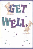 Radiating the kind of warmth you find in Bow's close-knit streets, this get well card presents two adorable friends-a tender brown bear and a spirited puppy-joined together in playful solidarity. Their soft, illustrated fur seems almost touchable, the puppy's gentle ears flopping over as they balance and support the large, lively letters of 'Get Well.' Rich hues of indigo and teal enliven the text, catching the eye much like trailing clematis over a Bow backyard. Sprinkled throughout the soft cream background, stars in shades of amethyst and sapphire create a gentle, hopeful atmosphere-suggesting wishes sent floating above the Regent's Canal. There's a sincere, uplifting mood to the card, its characters' faces full of care and positivity, not unlike the reassuring hands arranging a bouquet at Bow Florist for speedy delivery to a neighbour on Malmesbury Road. The entire design serves as a tender emotional salve, blending innocence, comfort, and optimism-an ideal gesture to send recovery wishes with heartfelt Bow community spirit.